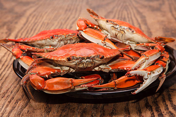 istock Steamed Blue Crabs on a wooden table 186373277