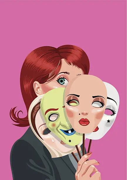 Vector illustration of Woman hiding behind masks