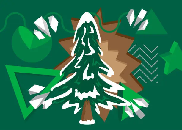 Vector illustration of Green, brown and white Pine Tree geometrical graphic retro theme background. Minimal geometric elements. Vintage abstract shapes vector illustration.
