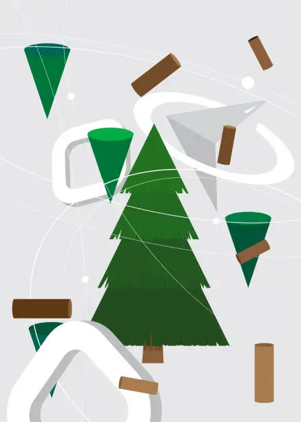 Vector illustration of Green, brown and white Pine Tree geometrical graphic retro theme background. Minimal geometric elements. Vintage abstract shapes vector illustration.