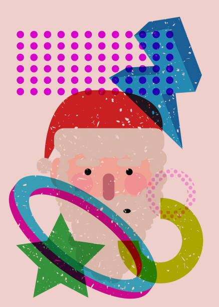 istock Risograph Santa Claus head, face with geometric shapes. Objects in trendy riso graph print texture style design with geometry elements. 1863778720
