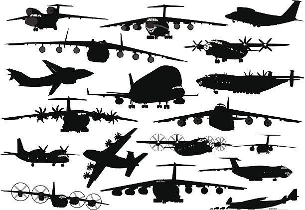 Transport aviation Transport aircraft silhouettes collection. Vector EPS 8 airplane silhouette commercial airplane shipping stock illustrations