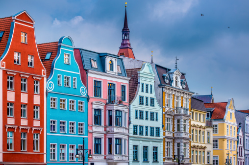 Colorful tall houses in Rostock, Germany