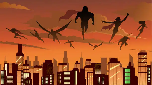 Vector illustration of Vector Superhero Team Silhouette Flying Above a City Stock Illustration