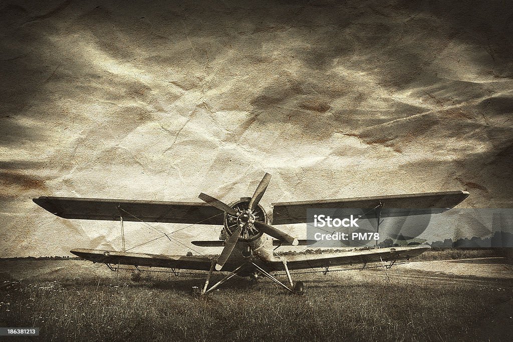 A vintage photo of an old biplane Old aircraft, biplane Airplane Stock Photo