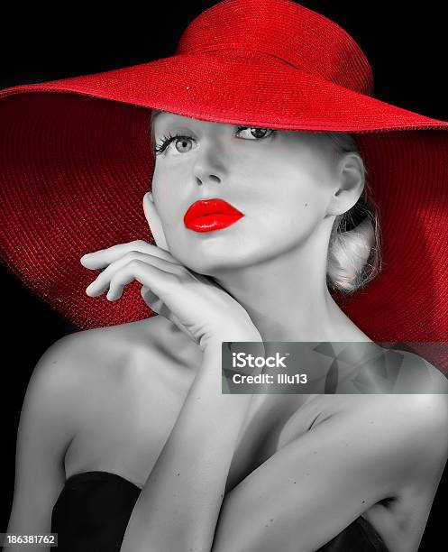 Fashionable Lady With Red Lips In Hat Stock Photo - Download Image Now - Adult, Adults Only, Beautiful People