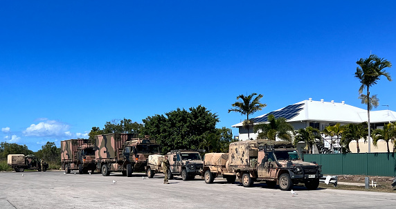 Townsville, Qld - Aug 08 2023:Australian Army vehicles.The Australian Army has fought in a number of major wars.Since 1947 it involve in United Nations international peacekeeping in to domestic crises