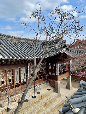 Seoul, Korea - December 8th 2023, Its the traditional Korean Home, beautiful hanok lounge at Bukchon Hanok Village in Wintertime Seoul Korea. 서울 북촌 백인제 가옥