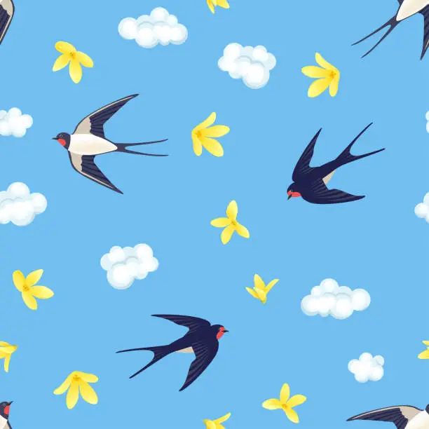 Vector illustration of Swallows flying in spring blue sky seamless pattern. Vector birds, yellow flowers and white clouds. Cartoon illustration. Nature background.