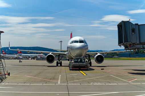 Swiss airplane Airbus A321-212 registration HB-IOO taxiing at Zürich Kloten Airport on a sunny summer day. Photo taken July 23rd, 2023, Zurich, Switzerland.