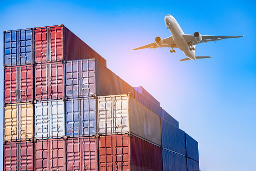 Container warehouse at industrial port Sending by plane, cargo logistics, business, import, and export. transportation industry concept