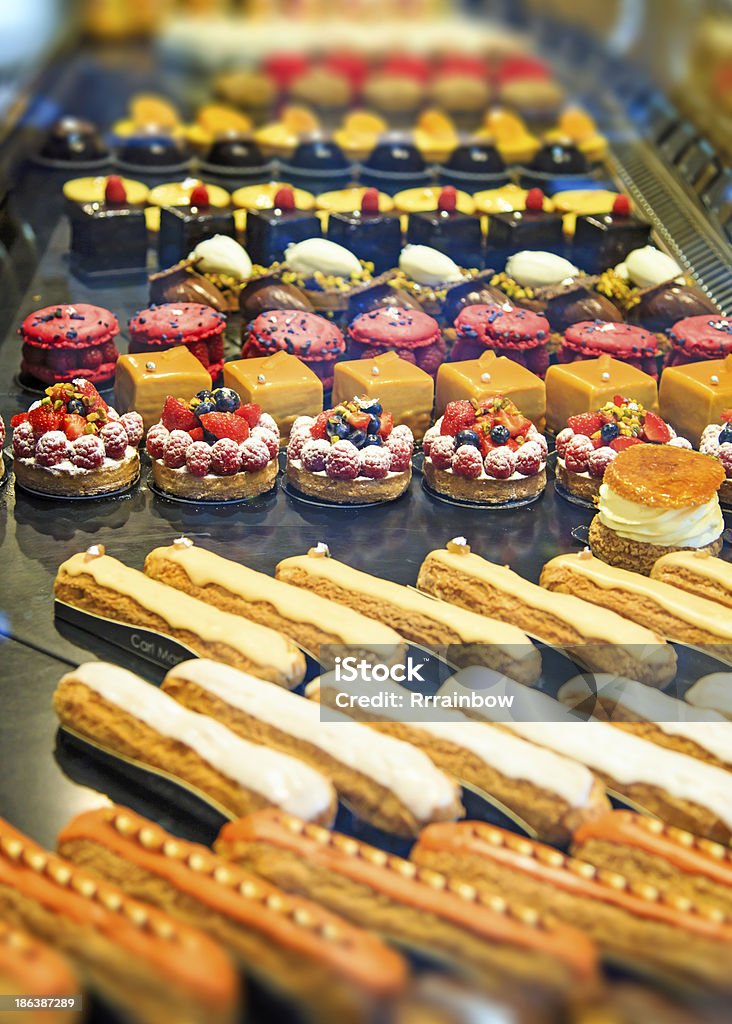 Pastries Colorful pastiries at food display, Paris, France Bakery Stock Photo