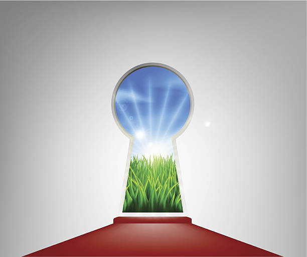 Red carpet idyllic landscape keyhole door Keyhole entrance with an idyllic grassy field representing the future, success, a new opportunity or positive change entrence stock illustrations