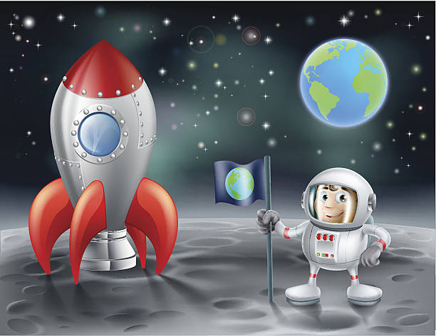 ilustraciones, imágenes clip art, dibujos animados e iconos de stock de astronauta de historieta y vintage cohete en el espacio de la luna - characters exploration colors old fashioned