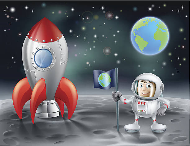 illustrations, cliparts, dessins animés et icônes de dessin animé astronaute et vintage fusée sur la lune espace - characters exploration colors old fashioned