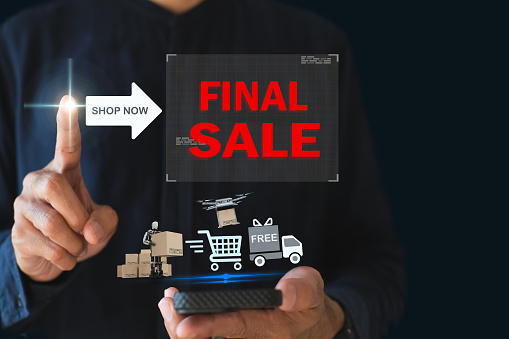 Applications buy things online final sale offer details flash sale banner template design web social media shopping online Hand UI User interface programmer AR computing inspector screen interface