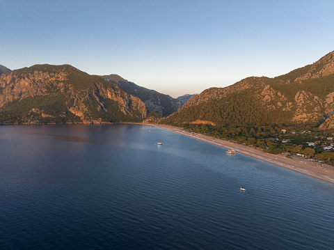 Aerial view of Cirali and Olympos at sunrise. Antalya, Turkey.  Taken via drone.