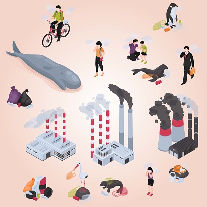 pollution isometric set with water air pollution symbols isolated