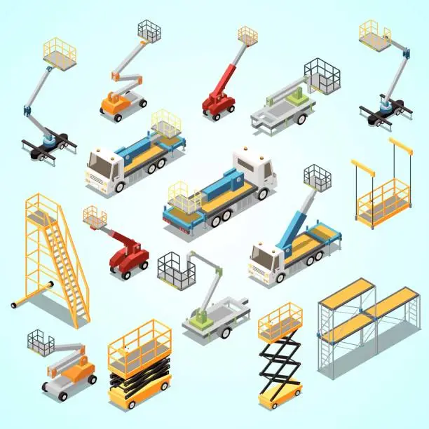 Vector illustration of lifting machinery height work isometric set scissors lifts engine powered booms high rise staircases isolated vector illustration