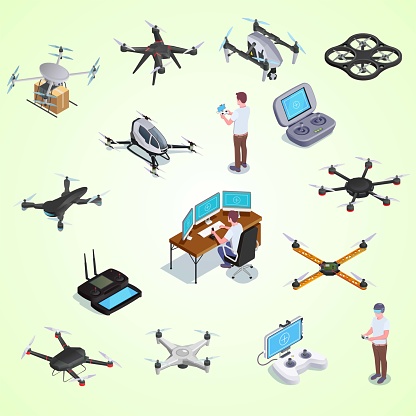 drones quadrocopters isometric set