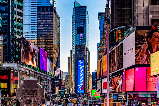 New York, USA; May 31, 2023: The famous and enigmatic Times Square, which is the most famous place in the Big Apple, located in the heart and lung of Manhattan.
