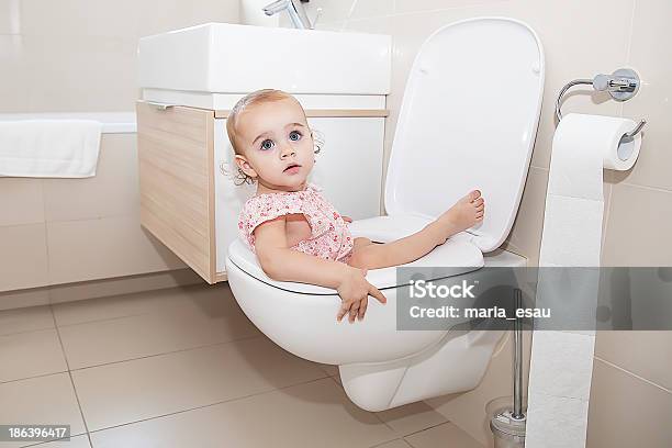 Little Child In Toilet Stock Photo - Download Image Now - Child, Toilet, Potty Training