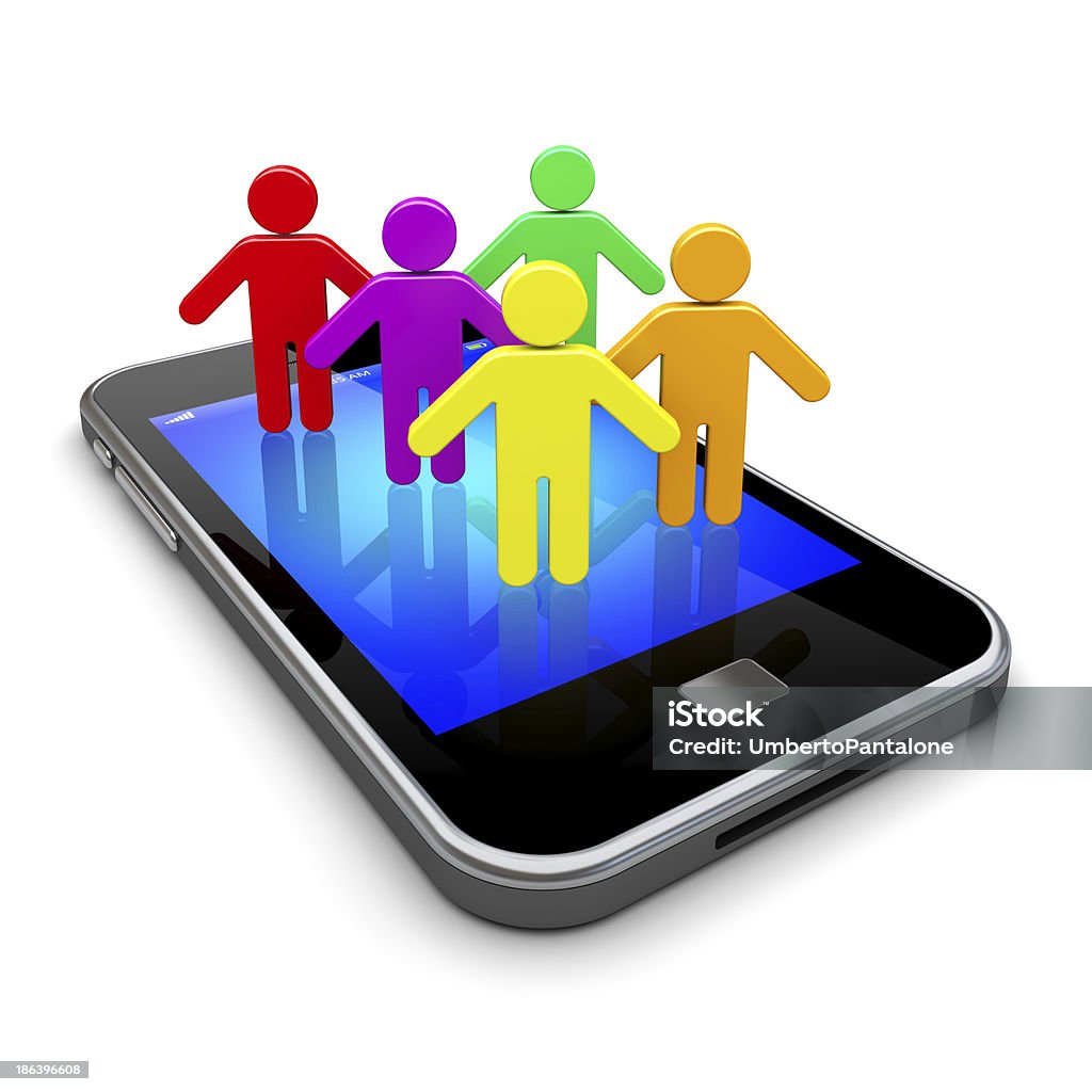 Social network Mobile smart phone with social network people on a screen. Concept of communication and media technology Blue Stock Photo