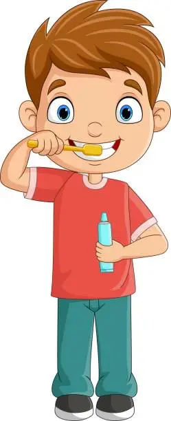 Vector illustration of Cartoon little boy brushing teeth
