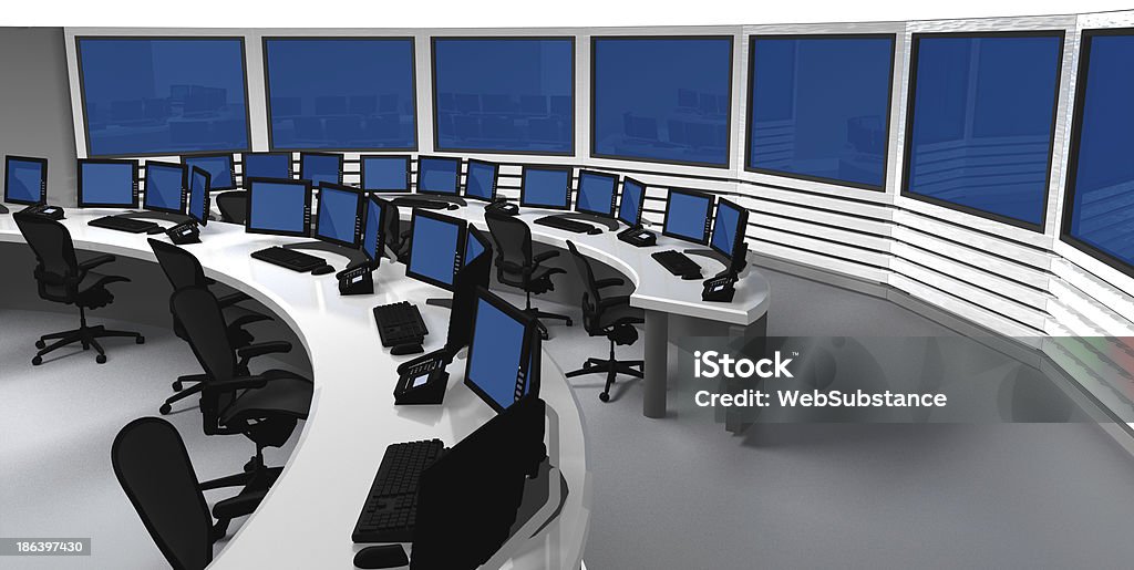 Surveillance control center Surveillance control center with several monitors and screens Control Room Stock Photo