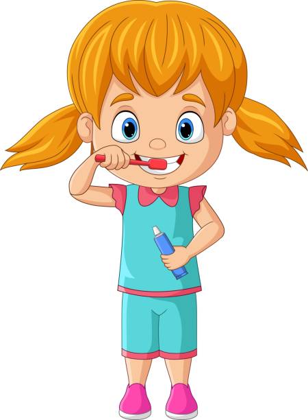 ilustrações de stock, clip art, desenhos animados e ícones de cartoon little girl brushing teeth - 13448