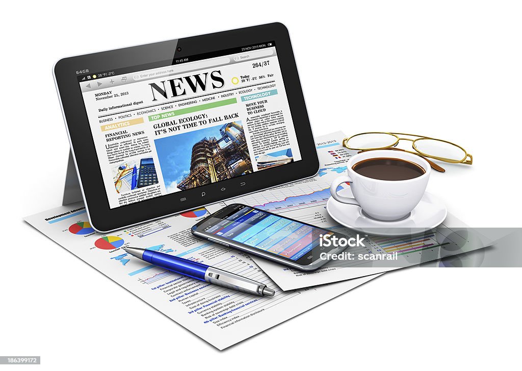 Tablet computer and business objects http://dl.dropbox.com/s/411sgflctjdsm6b/Mob_s.jpg Newspaper Stock Photo