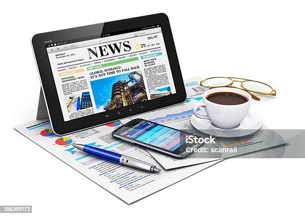 Tablet Computer And Business Objects Stock Photo - Download Image Now - Newspaper, Computer, Cut Out