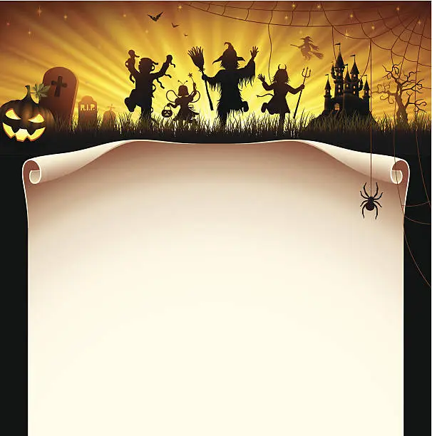 Vector illustration of Halloween party letter head with demons dancing around