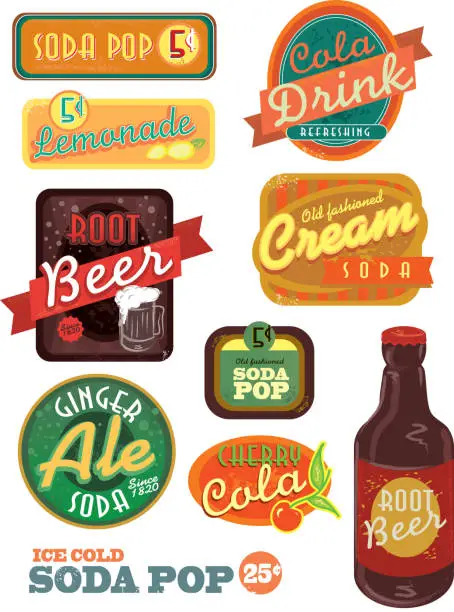 Vector illustration of Vintage soda pop label set on white background