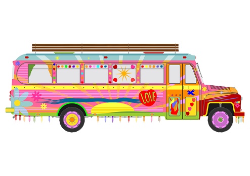 Silhouette of colorful hippie school bus on a white background.