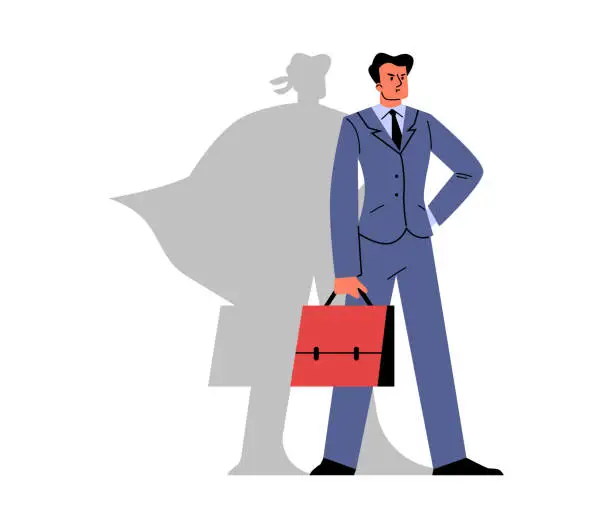 Vector illustration of Business man with silhouette of superman shadow, vector leadership manager with a red briefcase, crisis management