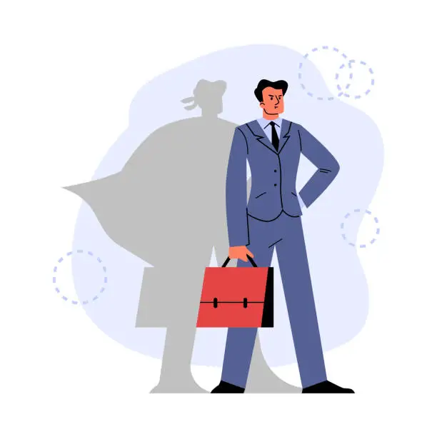 Vector illustration of Business man with silhouette of superman, vector manager with a red briefcase, business leadership, crisis management
