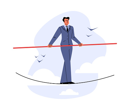 Businessman maintains balance while balancing on a tightrope, flat vector illustration isolated on white background. Businessman character for crisis management concept.