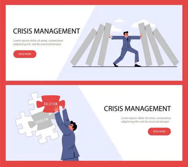 Vector illustration of Crisis management vector flyers set, leadership strategy in crisis situation, puzzle of finding a solution to a problem