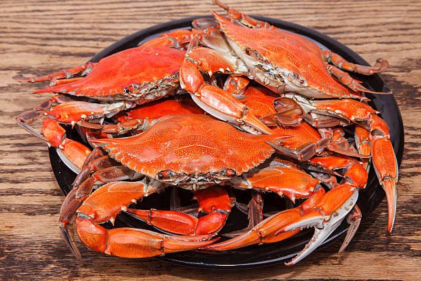 istock Steamed Blue Crabs on a wooden table 186403969