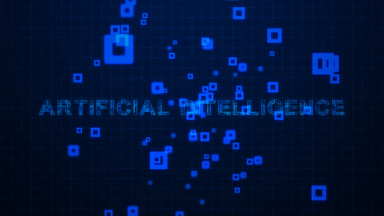 An abstract and futuristic background unfolds, featuring animated random icons symbolizing technology connection, blockchain, metaverse, cyber security, artificial intelligence, and web 3. All these elements seamlessly come to life against a mesmerizing blue grid background. This dynamic visual is perfect for projects that explore the cutting edge of technology and innovation.