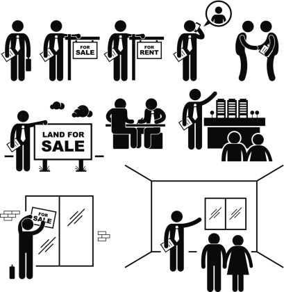 A set of pictograms representing property agent trying to sell real estates to customer.