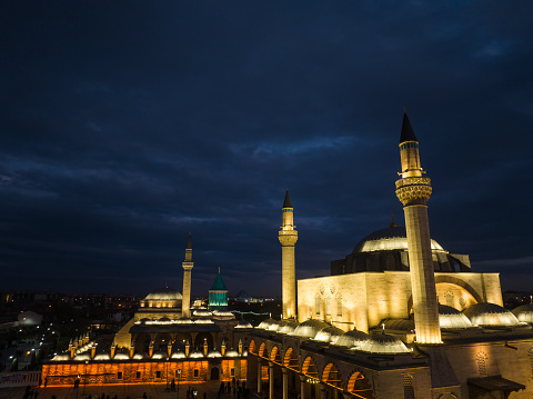 Mevlana Tomb and Mosque (Mevlana Türbesi ve Cami) Night Lights Drone Photo, Mevlana Konya, Turkiye (Turkey)