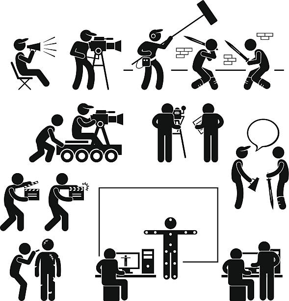 Director Making Filming Movie Production Actor Pictogram A set of pictograms representing film making scenario with the director, crews, and actors. industry silhouettes stock illustrations