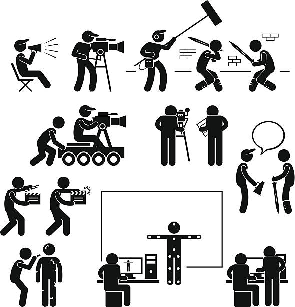 Director Making Filming Movie Production Actor Pictogram A set of pictograms representing film making scenario with the director, crews, and actors. film crew icon stock illustrations