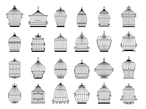 Cage for birds. Vector silhouettes collection of cage for birds canary recent illustrations template of bird cage and birdcage silhouette decorative
