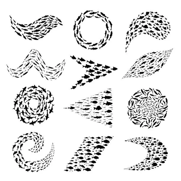 Vector illustration of Shoal fish. Silhouettes of different underwater fishes recent vector shoal pictures
