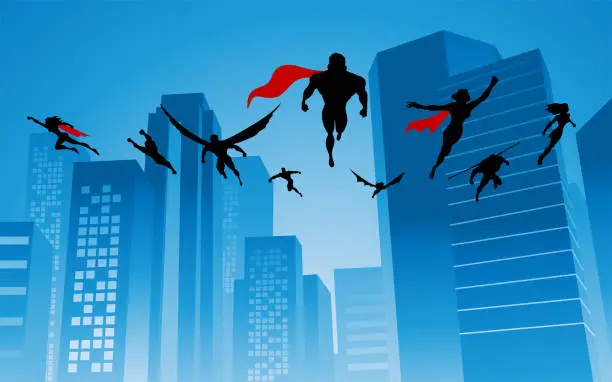 Vector illustration of Vector Superhero Team Silhouette Flying in a City Stock Illustration