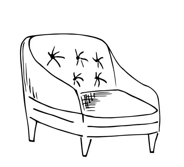 Vector illustration of Vintage soft cozy chair. Simple vector ink drawing. Furniture, home interior item. Sketch in ink.