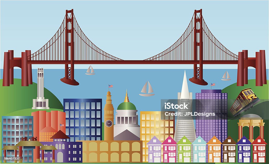 San Francisco City Skyline Panorama Vector Illustration San Francisco California City Skyline with Golden Gate Bridge and Landmarks Panorama Vector Illustration Row House stock vector